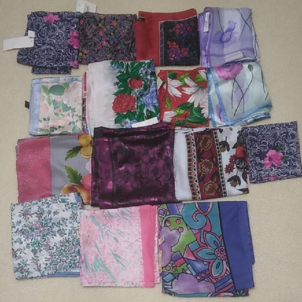 Lot Of 15 Silk. Polyester And Rayon Floral Colorful Assorted Scarves Collection